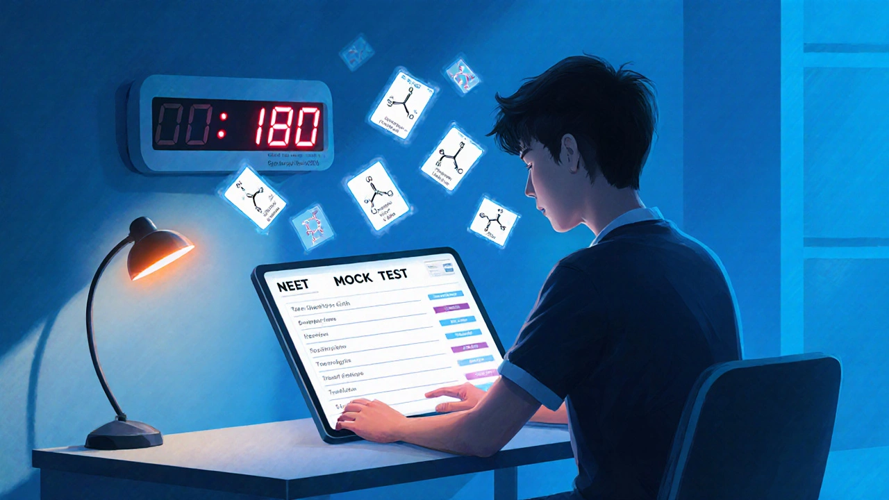 A learner taking a mock test with timer and floating formula flashcards.