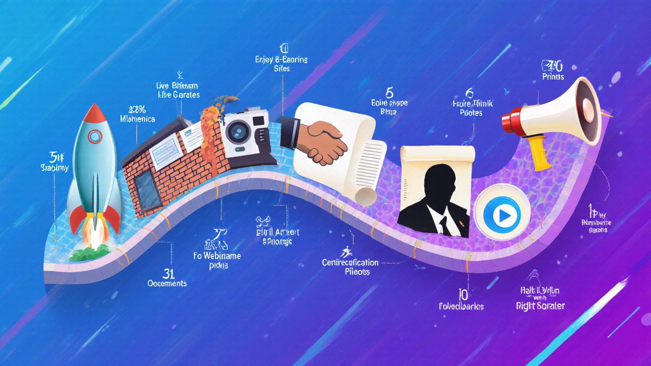Artistic timeline showing launch, private site, webinars, corporate pilot, certification, and affiliate milestones.
