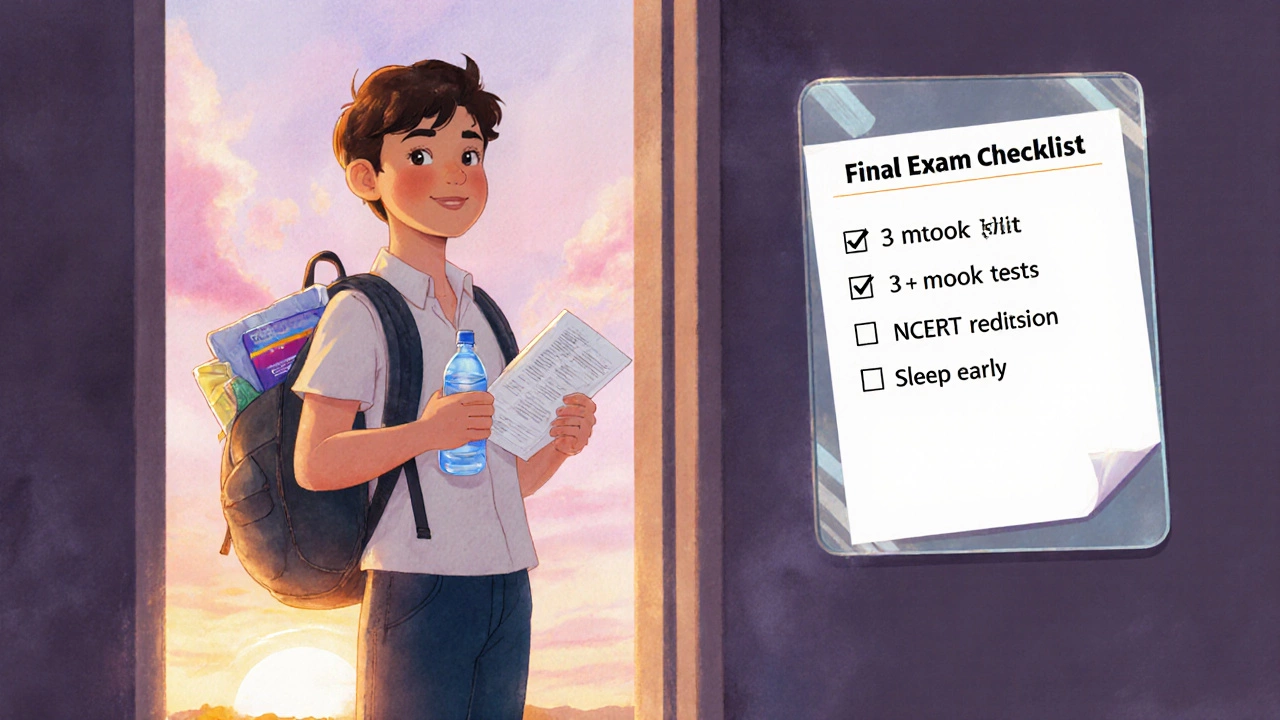 Confident student with packed bag and checklist before exam sunrise.
