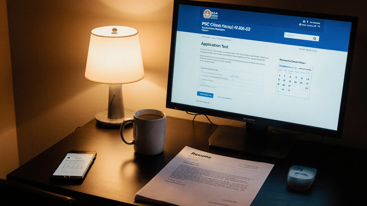 Desk with resume, cover letter, and PSC exam registration screen showing preparation.