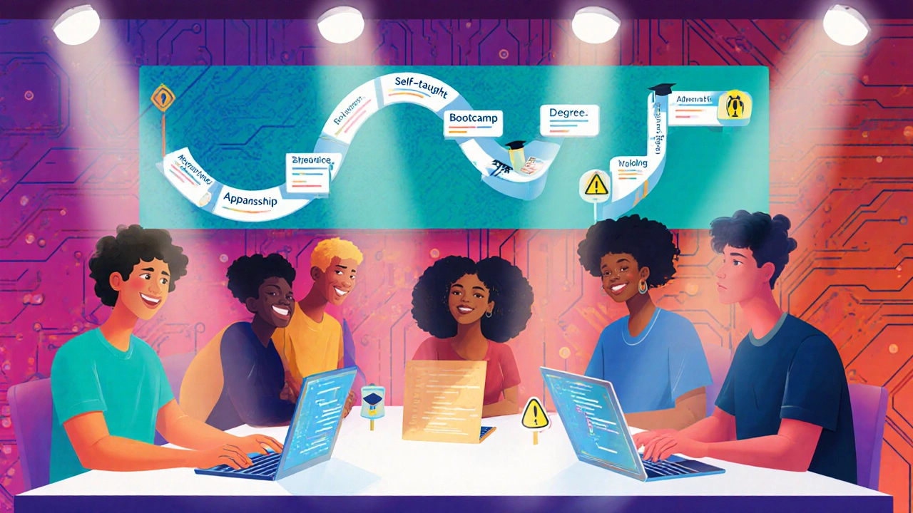 Digital painting of diverse people coding together with a roadmap of learning paths above them.
