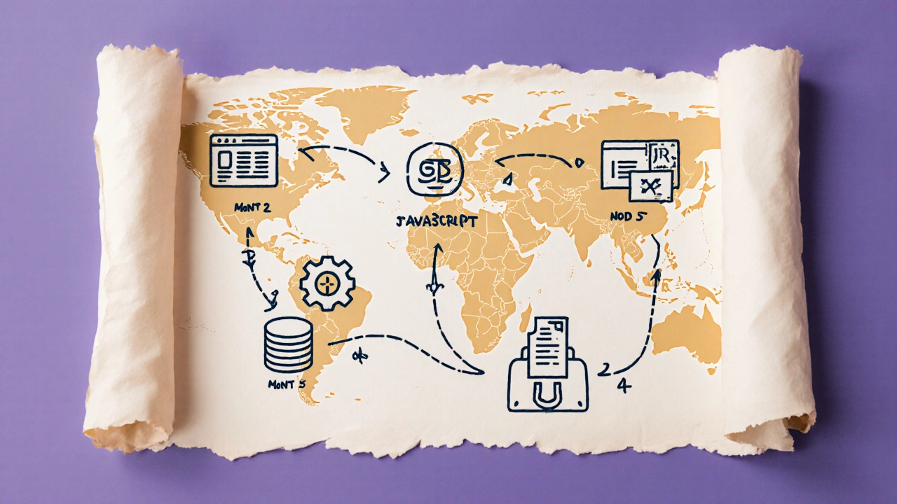 Hand‑drawn roadmap showing six‑month coding milestones with icons for web, backend, and job search.