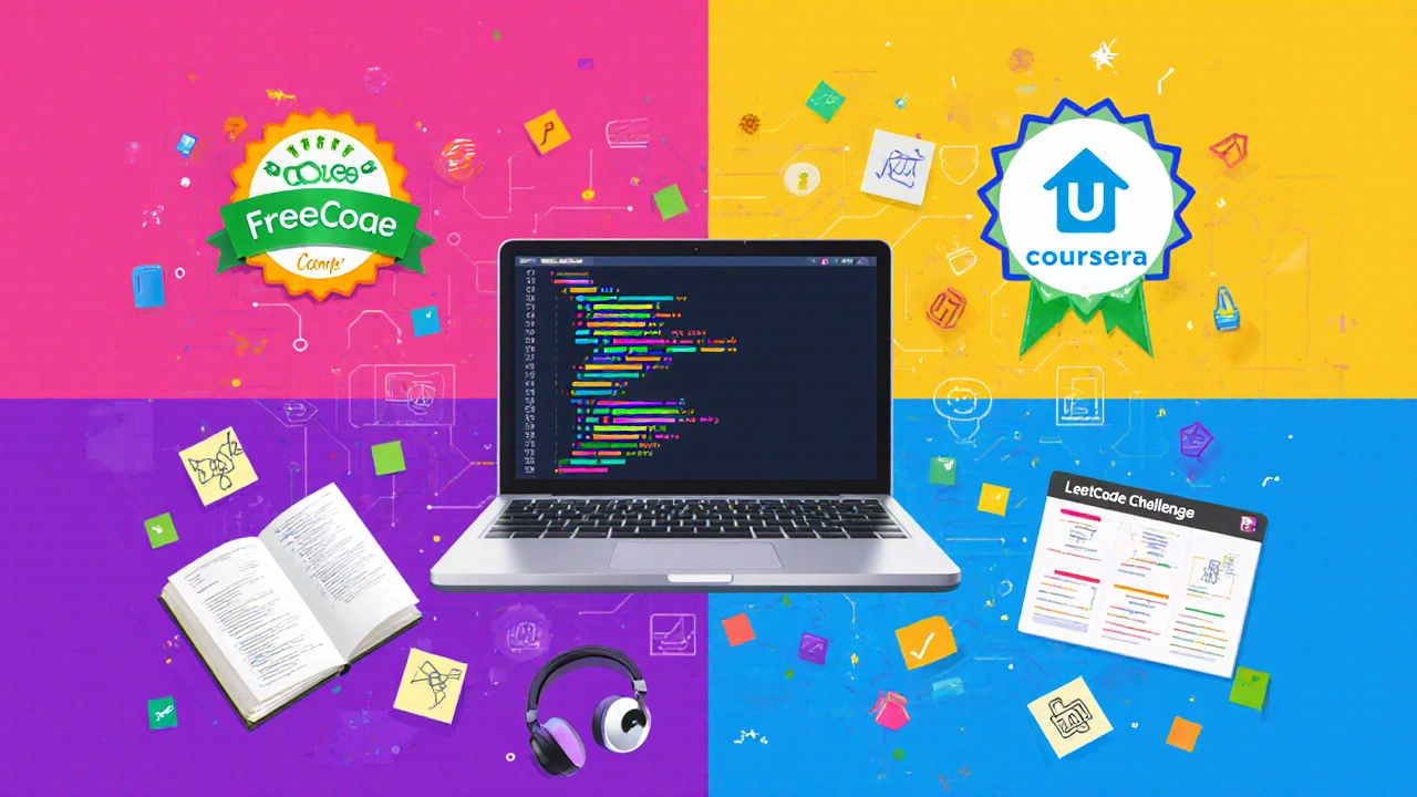 Illustration of coding resources: FreeCodeCamp badge, Udemy thumbnail, Coursera emblem, LeetCode board.