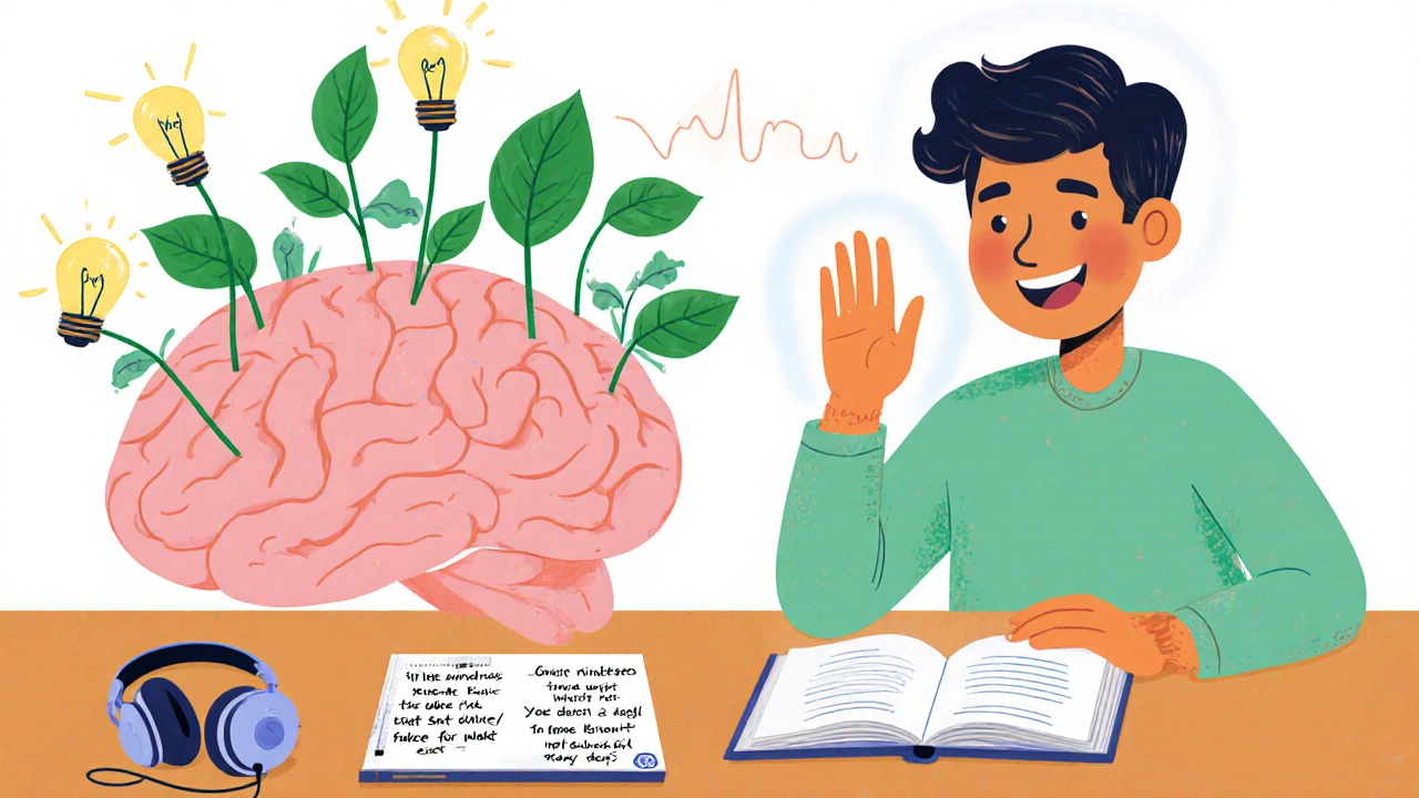 Illustration of learner with brain sprouting leaves, notebook affirmations, headphones for shadowing.