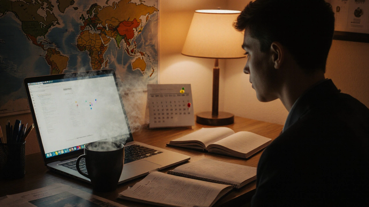 Job seeker studying civil‑service materials at a desk, surrounded by a map and schedule notes.