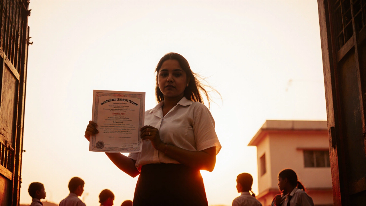 Newly certified teacher holding a certificate at a school entrance during sunrise.