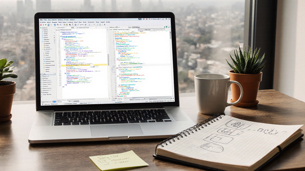 Photorealistic desk with laptop IDE, sketch of small apps, coffee mug and checklist hinting at daily practice.