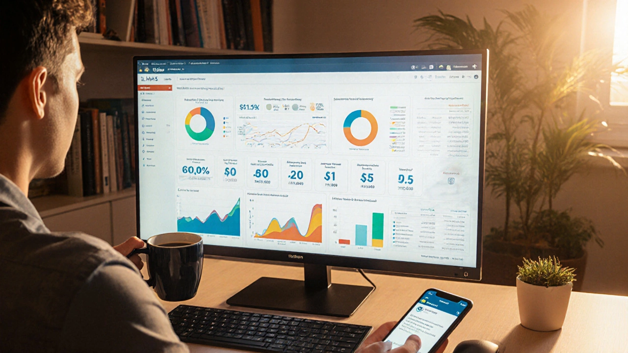 Photorealistic home office showing an LMS dashboard on a monitor with graphs and a creator sipping coffee.