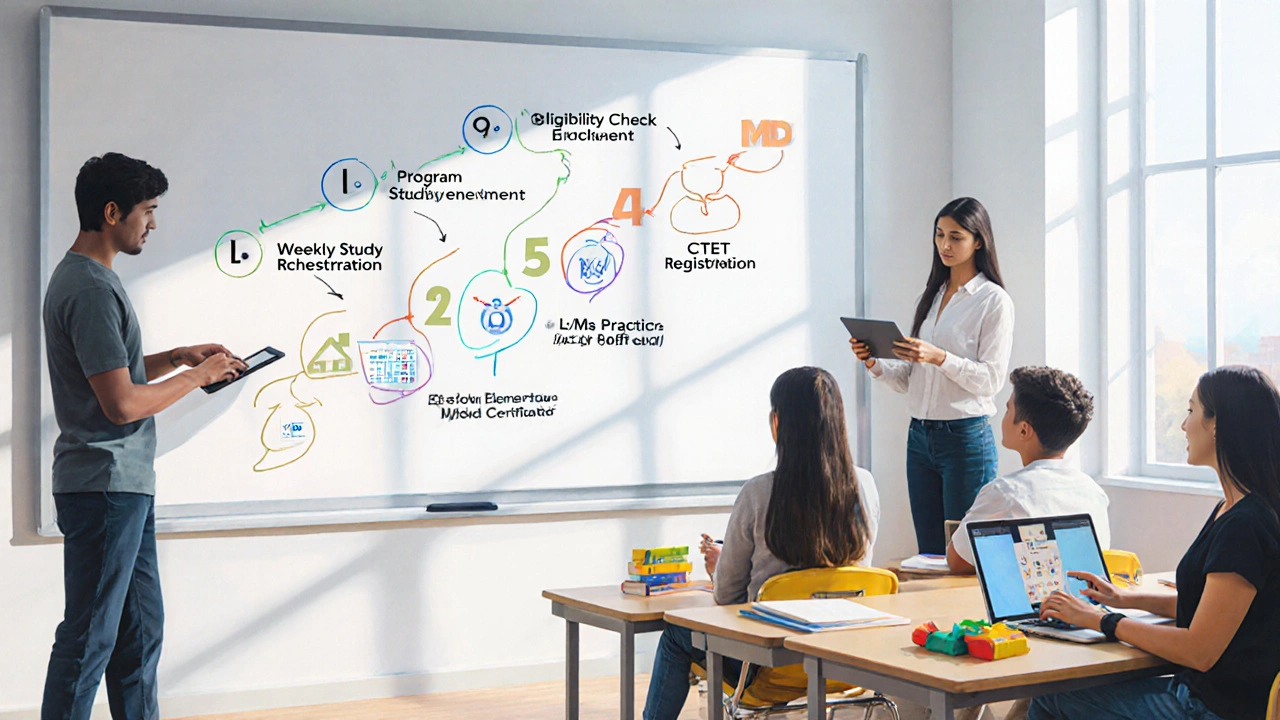 Study roadmap on a whiteboard with students using tablets and mock test papers.