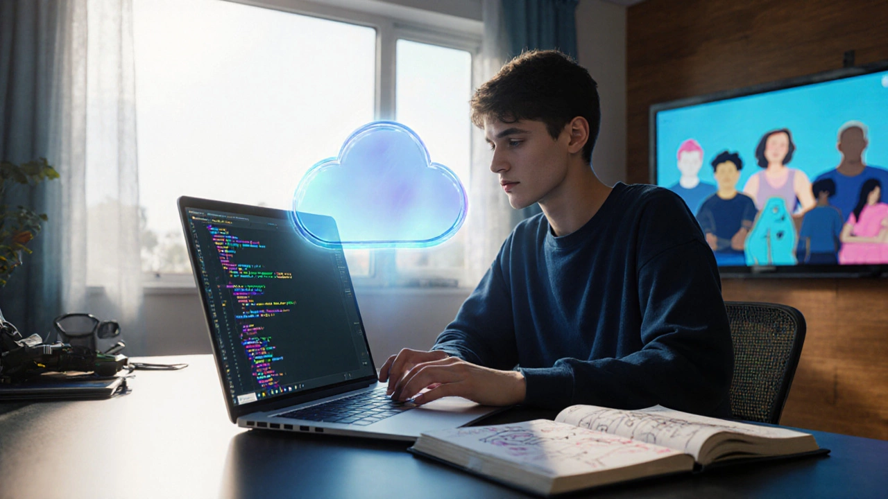 Teenager coding on a laptop with cloud icon and community screen in a home office.