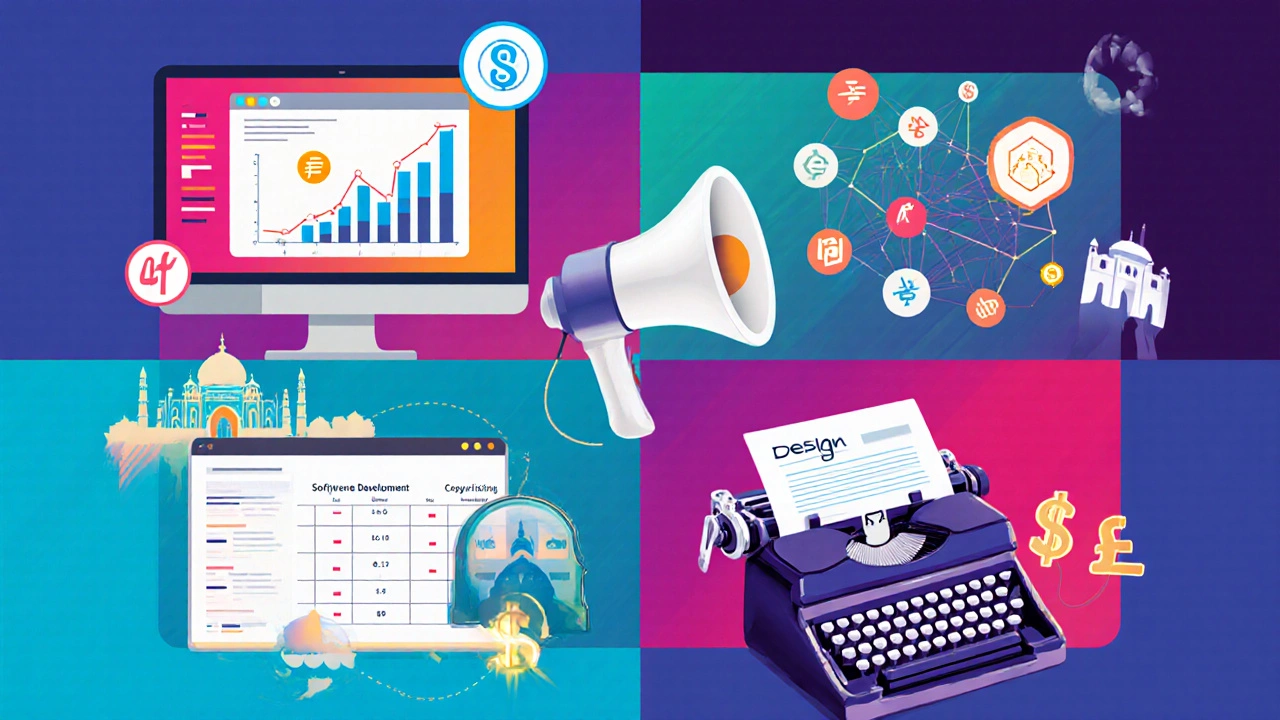 Vibrant collage of icons for software development, digital marketing, data science, UX/UI, and copywriting.