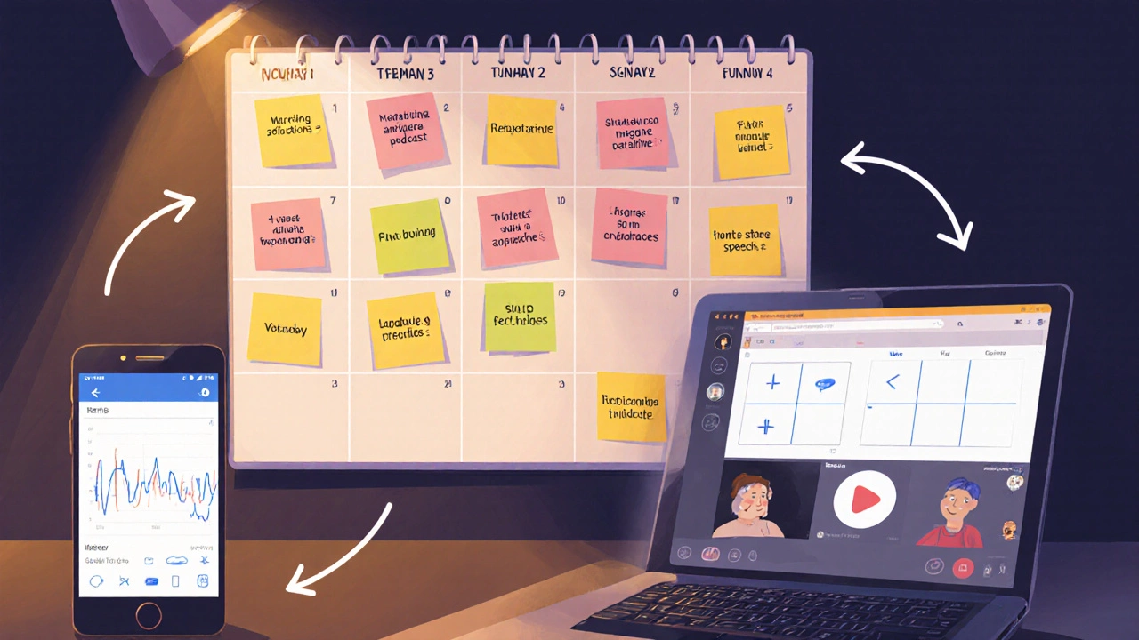 Wall planner with weekly sticky notes, phone recording, video chat, and mini stage showing progress.