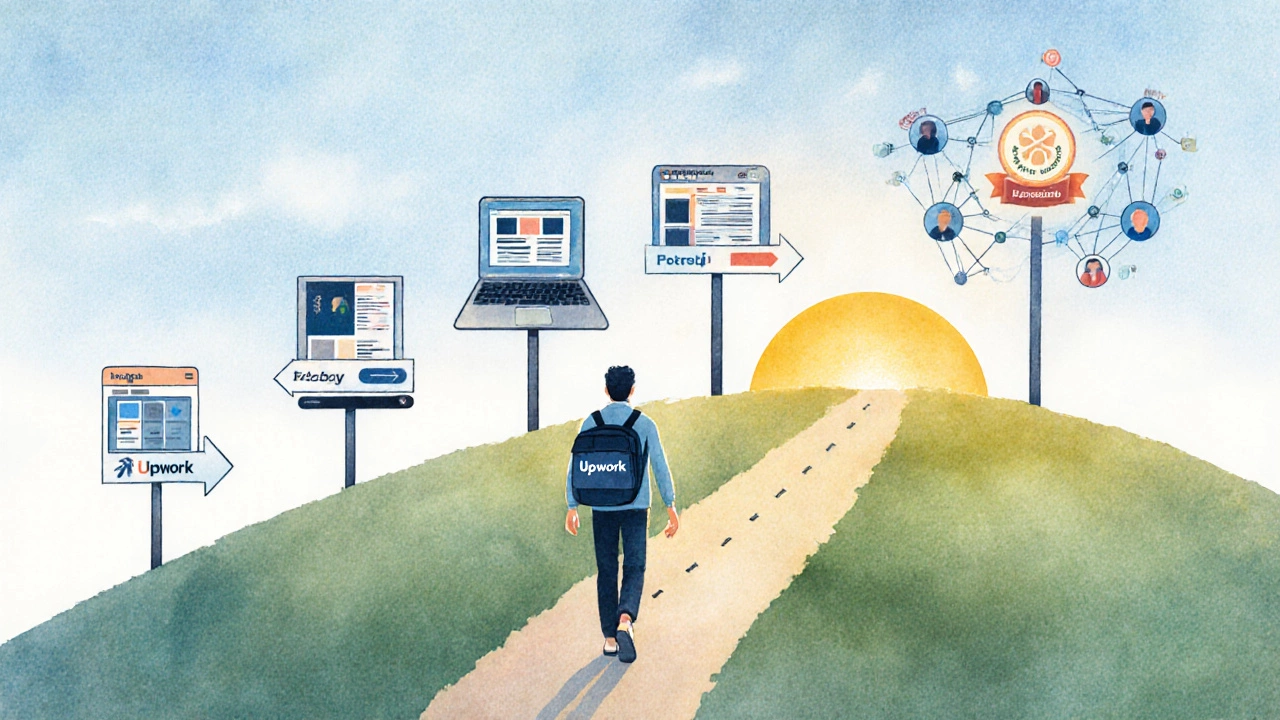 Watercolor roadmap showing seven steps from niche selection to networking under a sunrise.