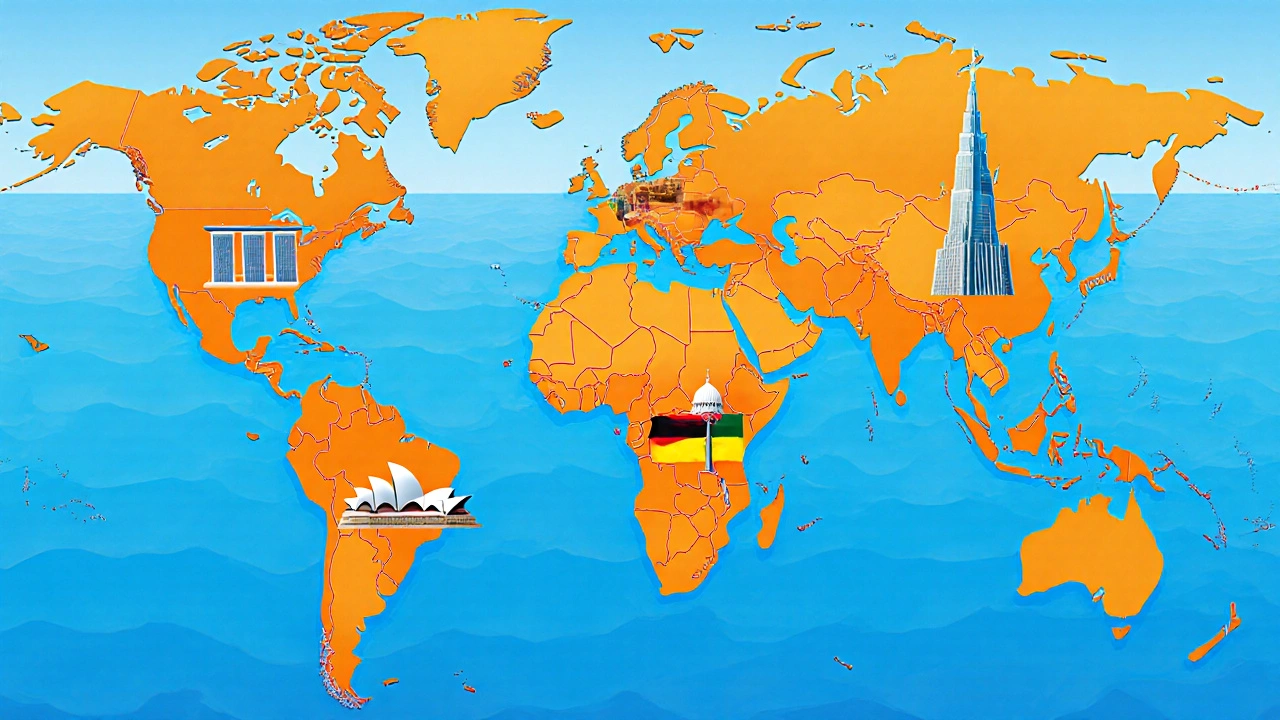 World map collage highlighting Singapore, Canada, Germany, Australia, UAE, USA, and India with landmarks.