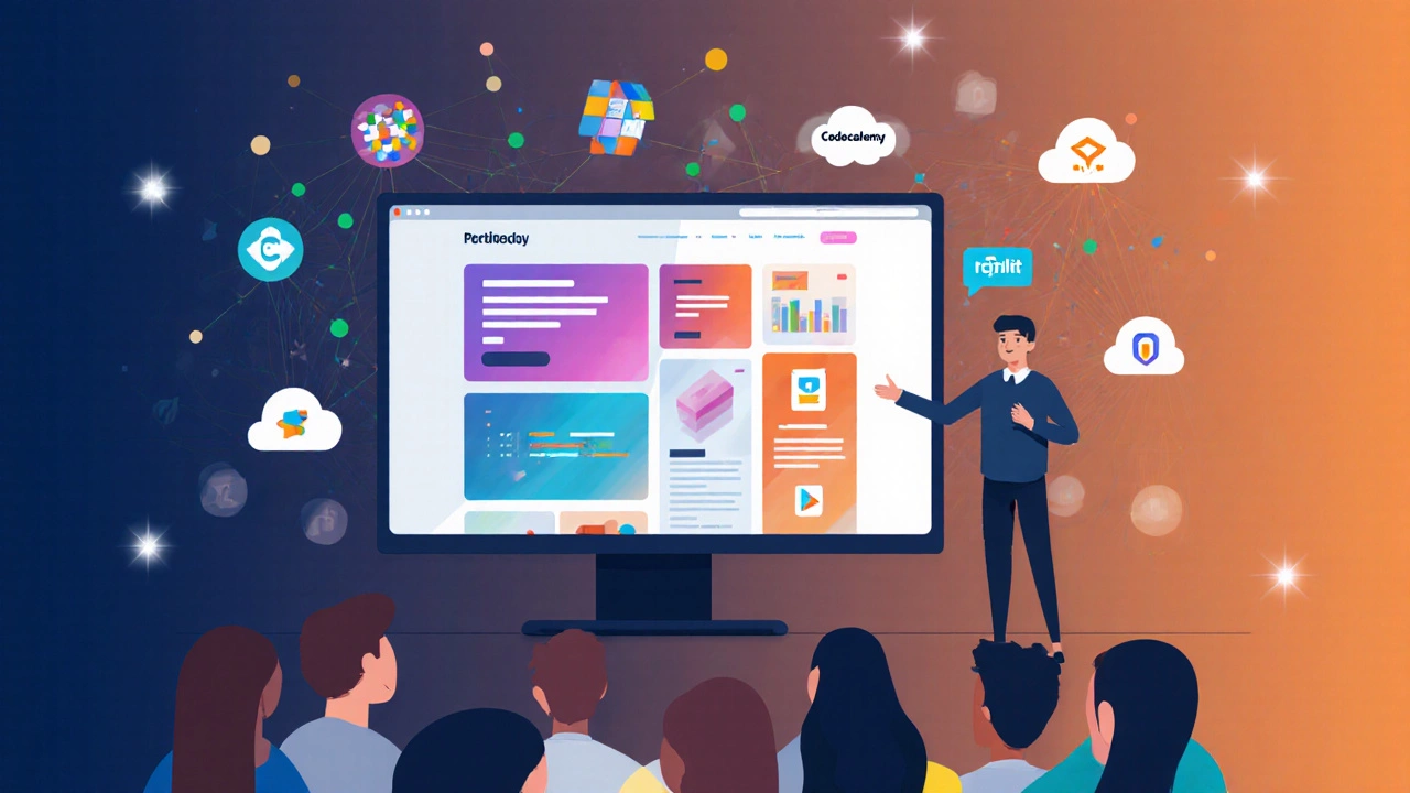 Young adult showcasing a web portfolio with icons of coding platforms.